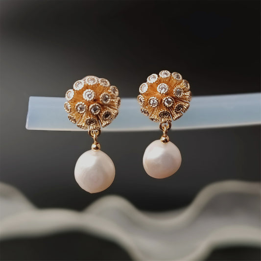 Natural Freshwater Baroque Pearl Earrings Daily Wear 14K GF CZ Dome Floral Ear Stud Dangle Earing