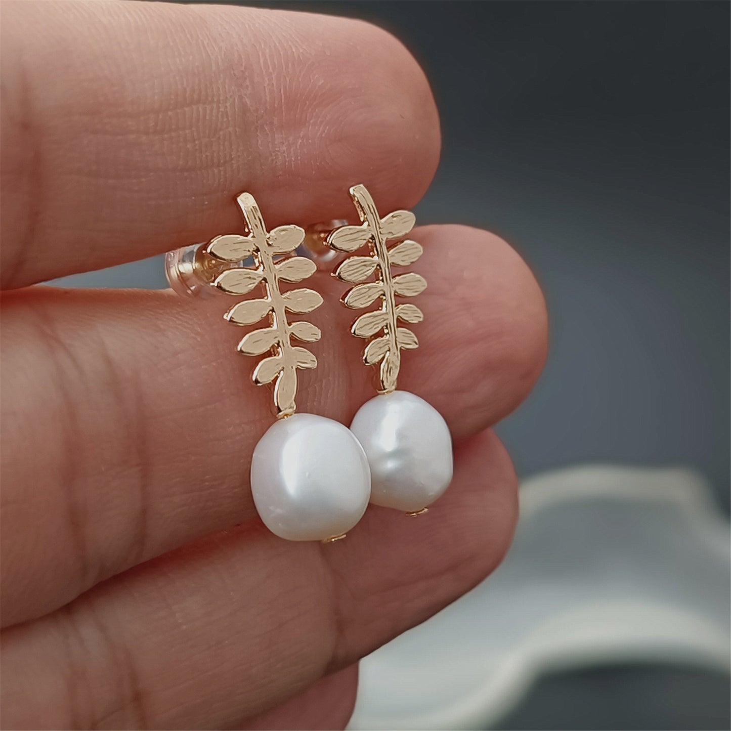 Natural Freshwater Baroque Pearl Leaf Stud Earrings Daily Wear 14K GF Ear Studs Dangle Earing