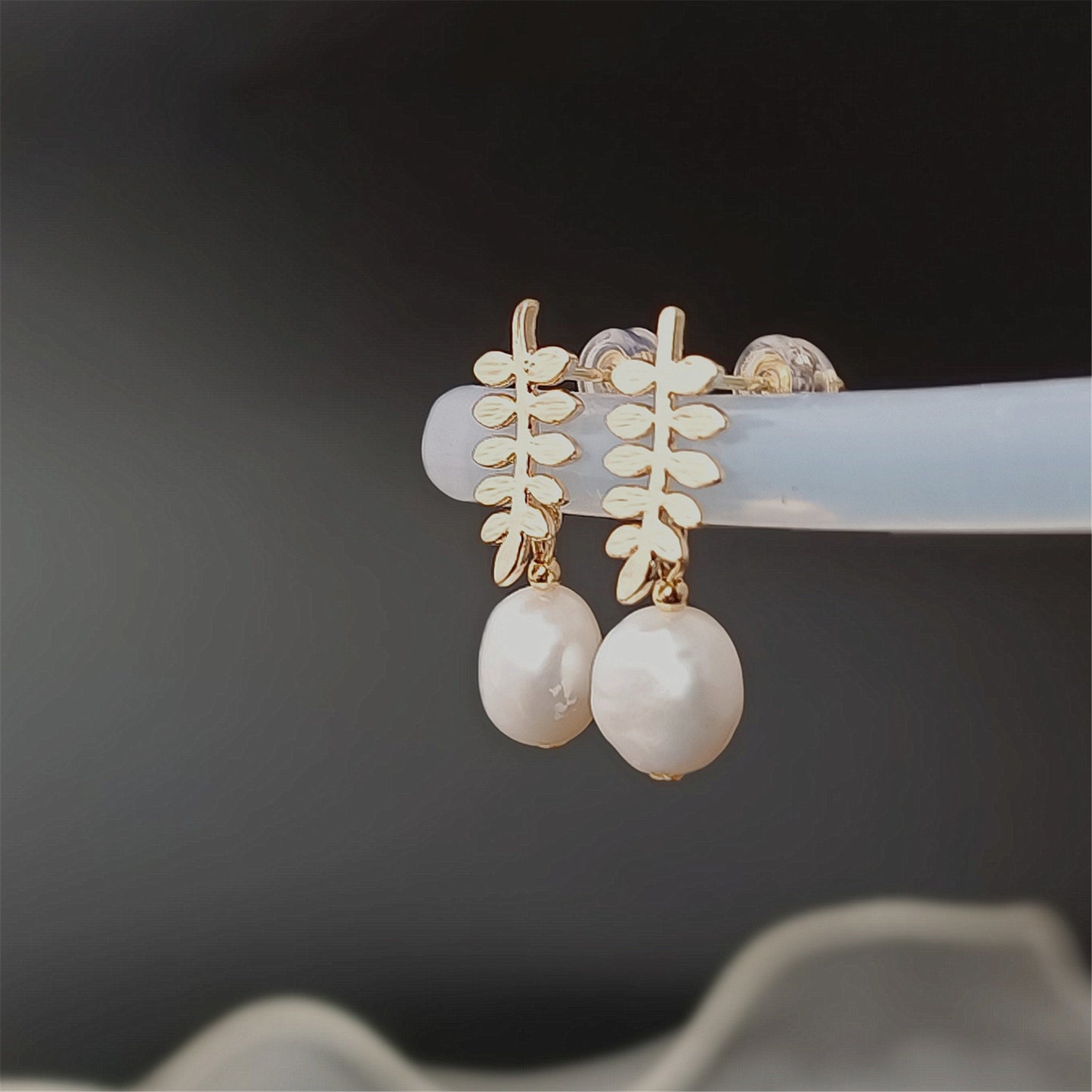 Natural Freshwater Baroque Pearl Leaf Stud Earrings Daily Wear 14K GF Ear Studs Dangle Earing