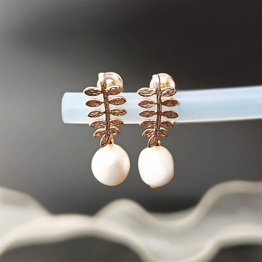 Natural Freshwater Baroque Pearl Leaf Stud Earrings Daily Wear 14K GF Ear Studs Dangle Earing