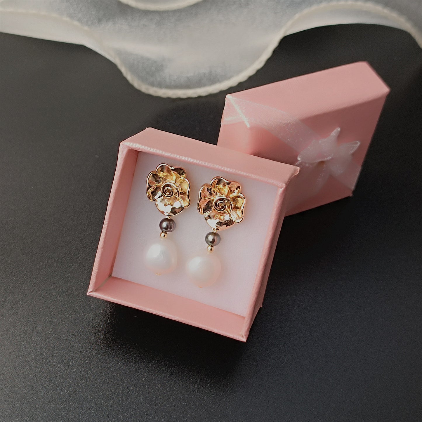 Natural Freshwater Baroque Pearl Earrings Daily Wear Rose Floral 14K GF Ear Stud Dangle Earing