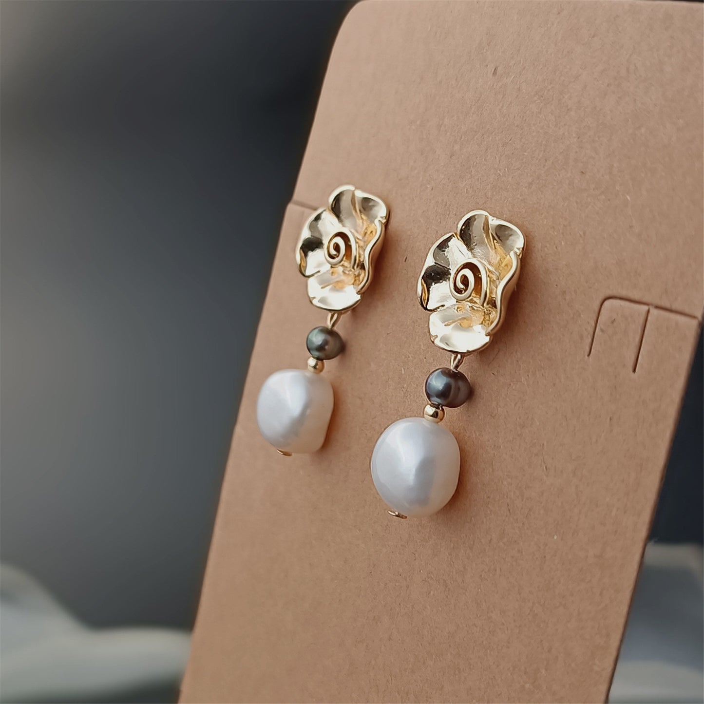 Natural Freshwater Baroque Pearl Earrings Daily Wear Rose Floral 14K GF Ear Stud Dangle Earing