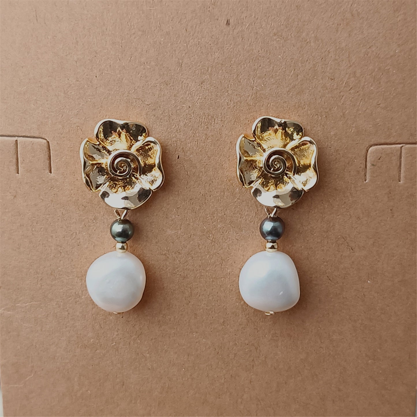 Natural Freshwater Baroque Pearl Earrings Daily Wear Rose Floral 14K GF Ear Stud Dangle Earing