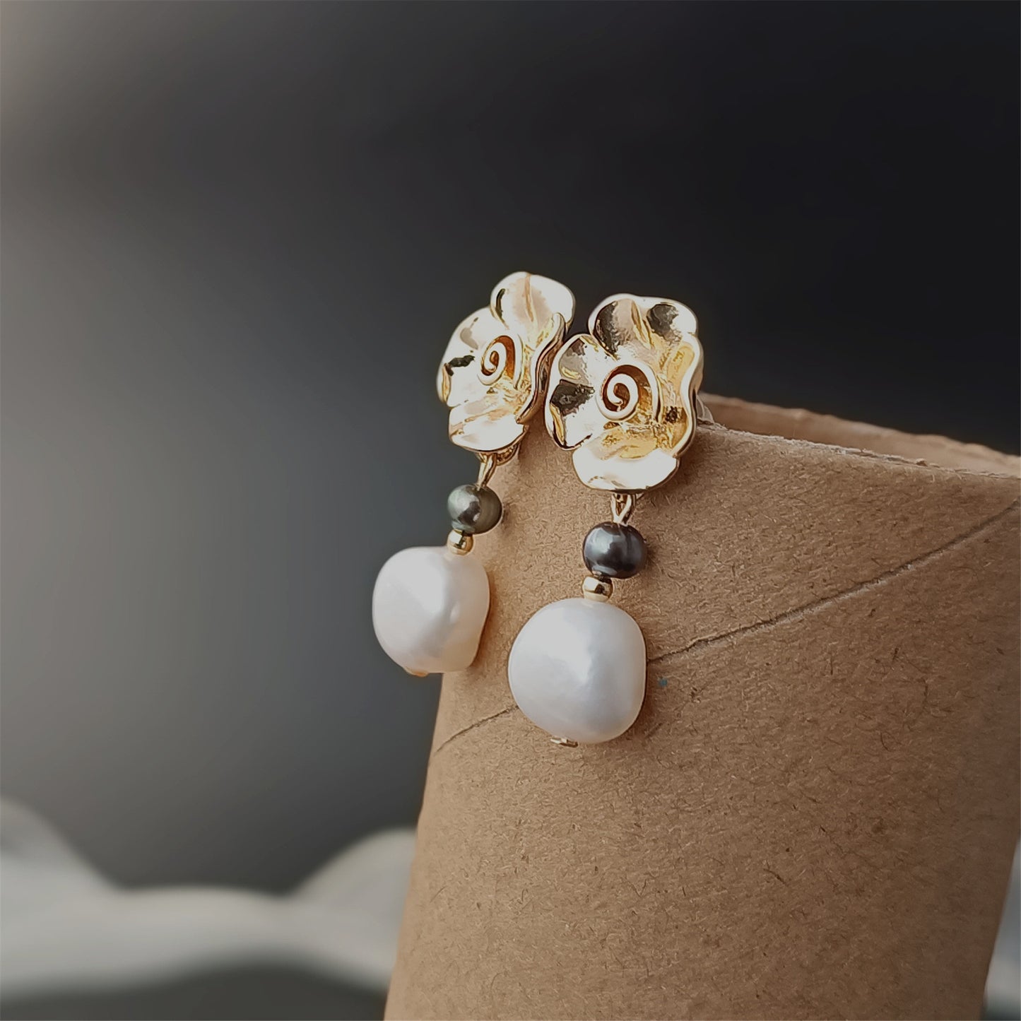 Natural Freshwater Baroque Pearl Earrings Daily Wear Rose Floral 14K GF Ear Stud Dangle Earing