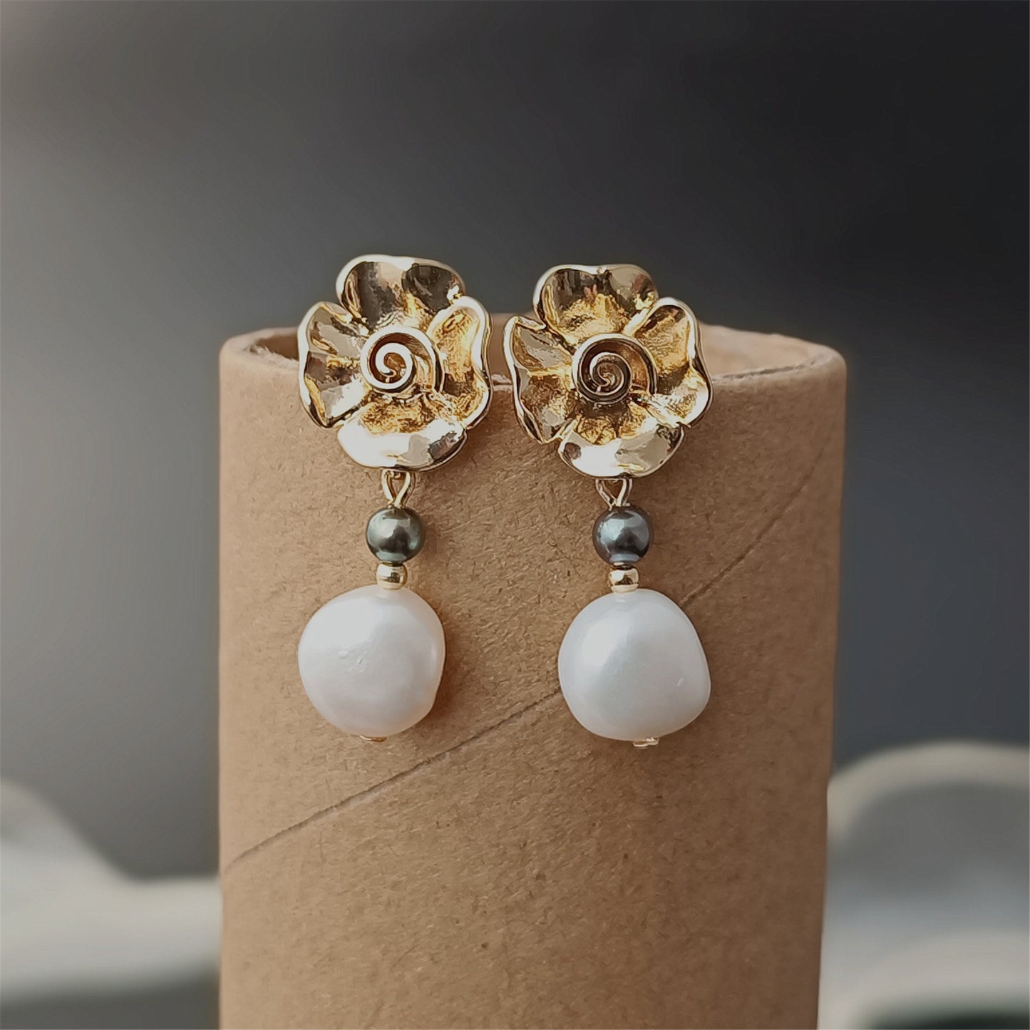 Natural Freshwater Baroque Pearl Earrings Daily Wear Rose Floral 14K GF Ear Stud Dangle Earing