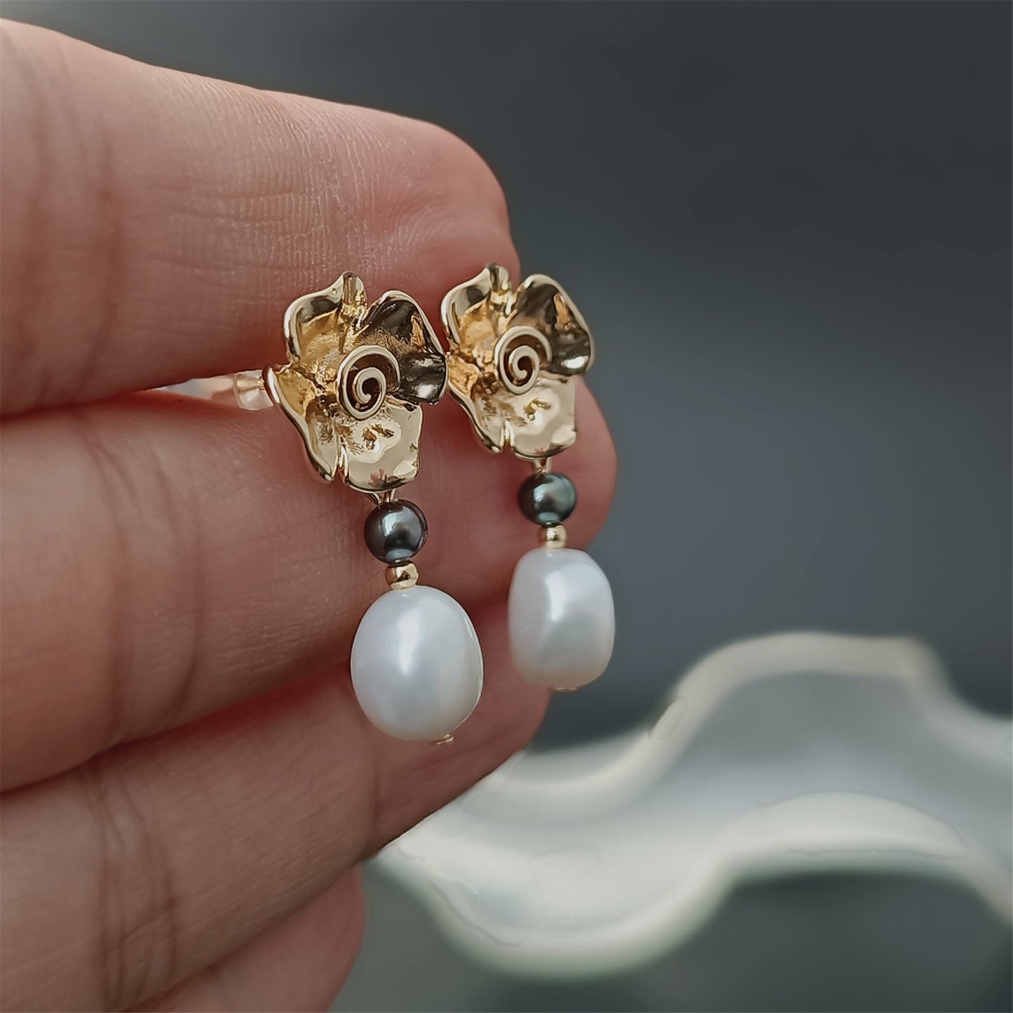 Natural Freshwater Baroque Pearl Earrings Daily Wear Rose Floral 14K GF Ear Stud Dangle Earing