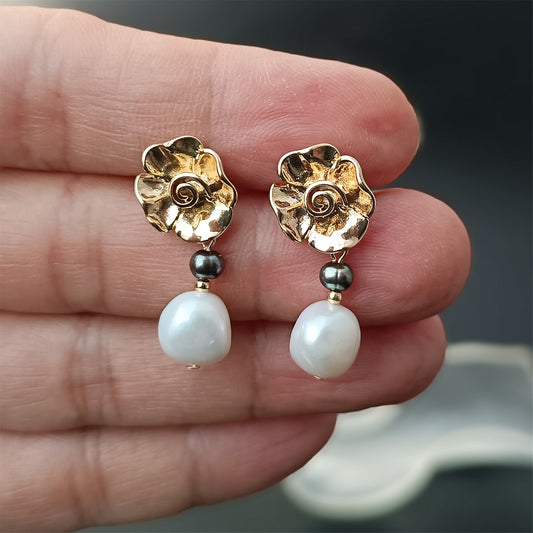 Natural Freshwater Baroque Pearl Earrings Daily Wear Rose Floral 14K GF Ear Stud Dangle Earing