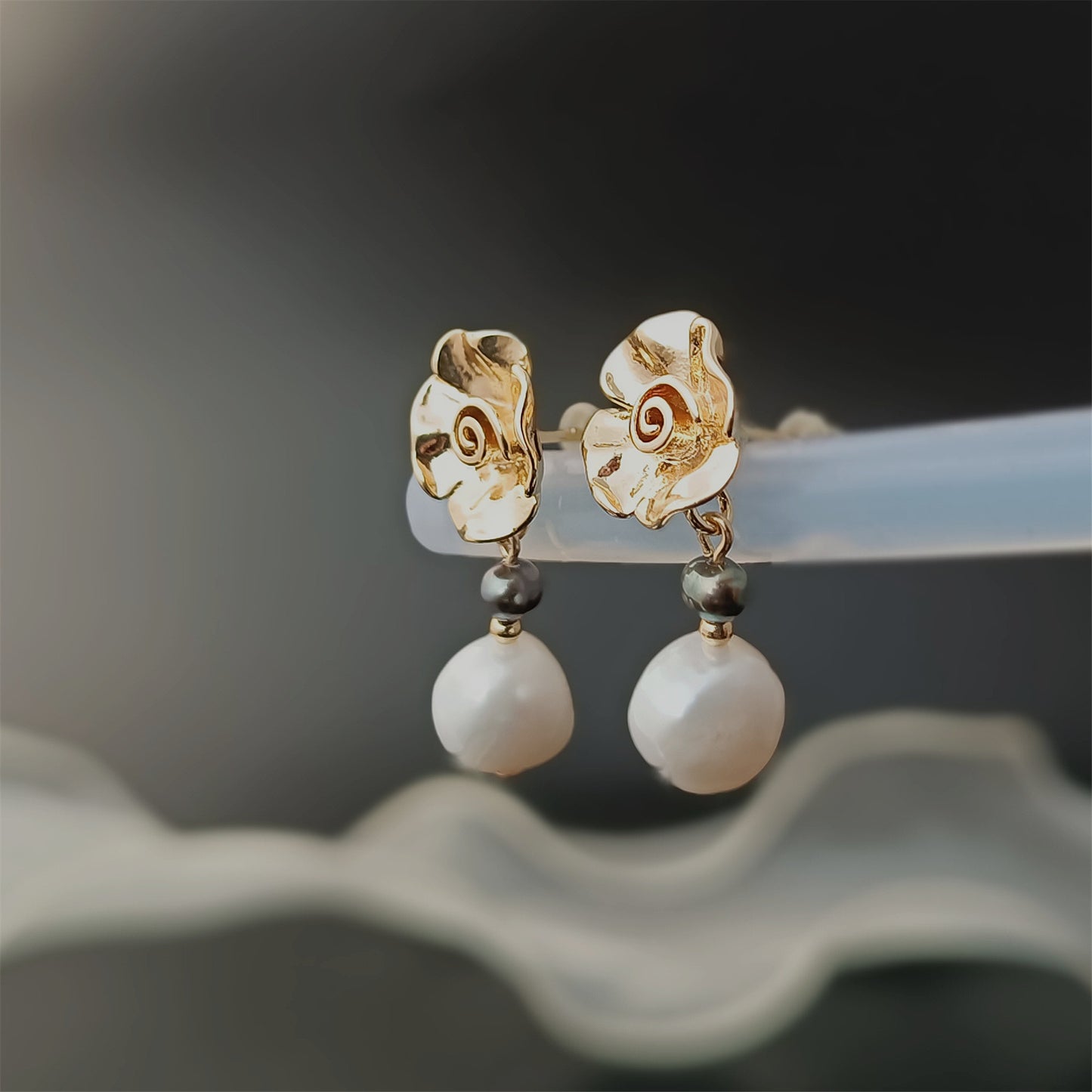 Natural Freshwater Baroque Pearl Earrings Daily Wear Rose Floral 14K GF Ear Stud Dangle Earing