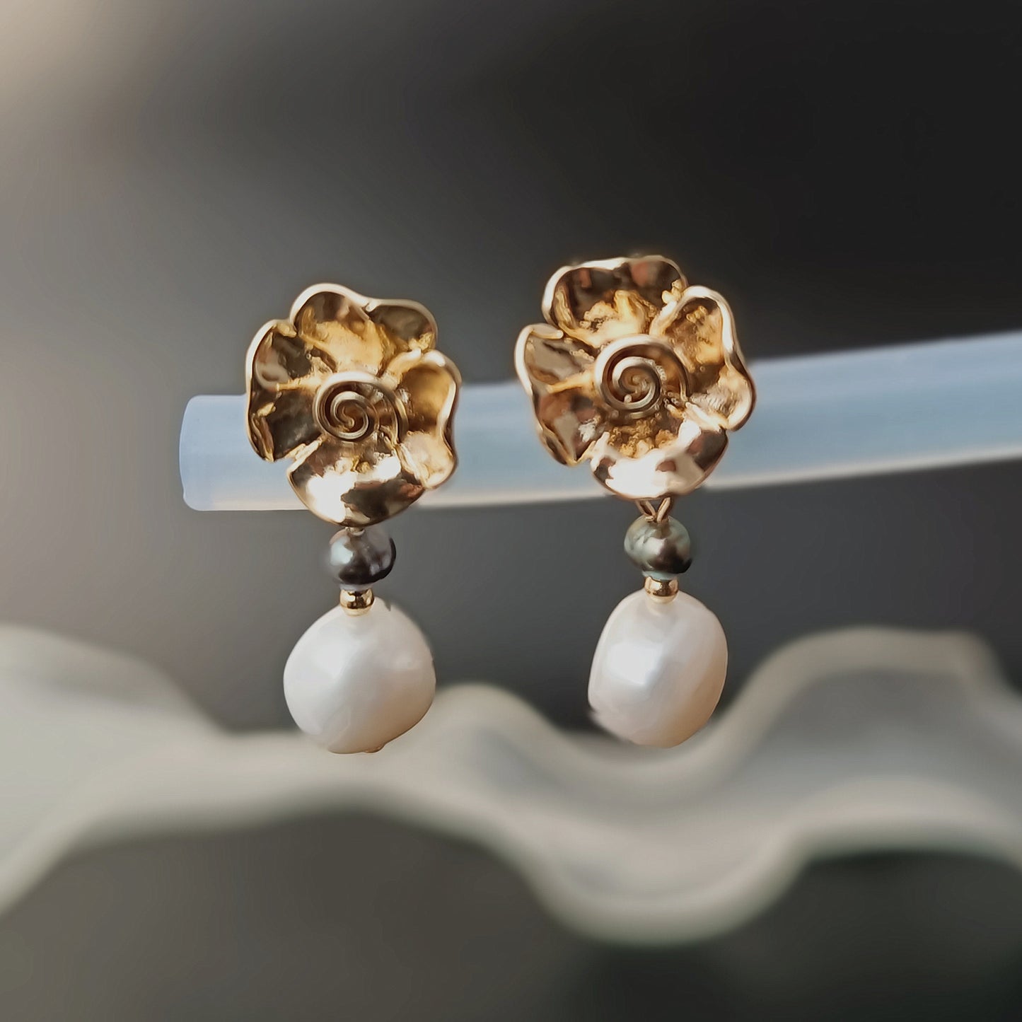 Natural Freshwater Baroque Pearl Earrings Daily Wear Rose Floral 14K GF Ear Stud Dangle Earing