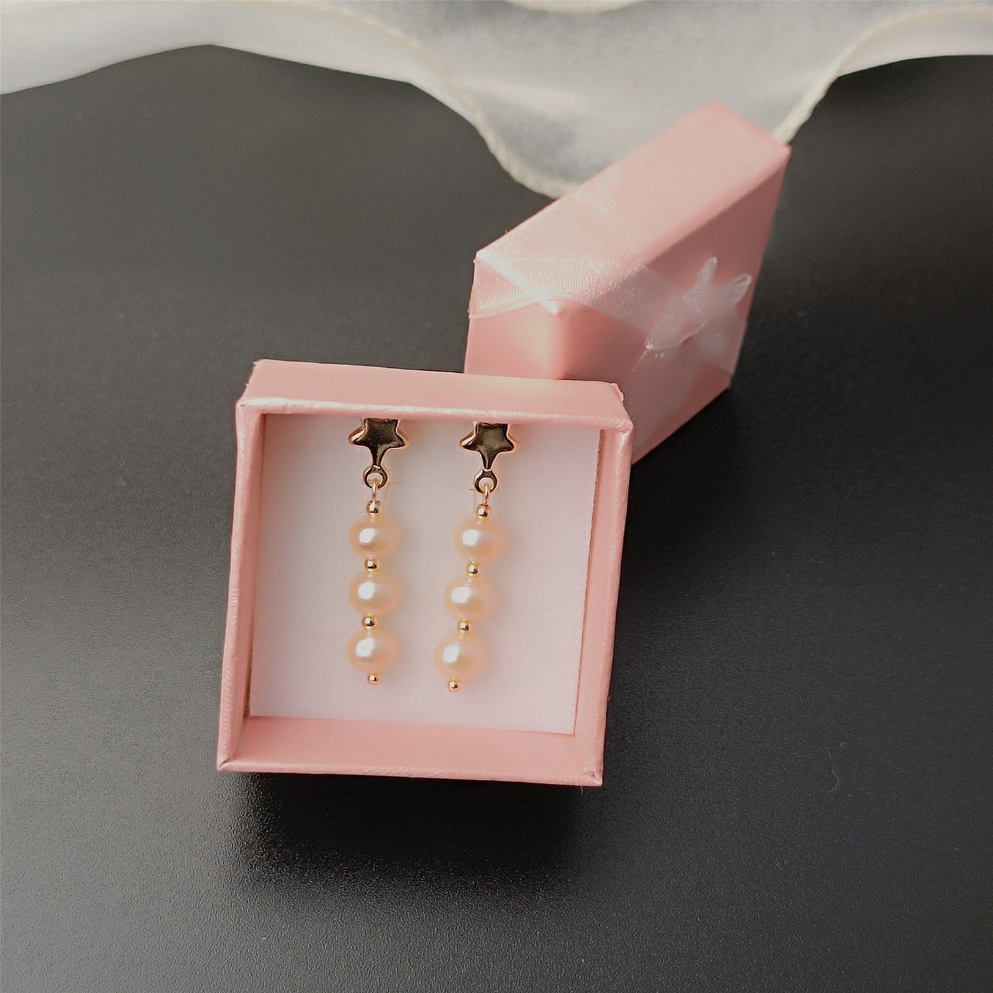 Boucles d'oreilles à trois perles roses d'eau douce naturelles, usage quotidien, étoile 14K GF, clou d'oreille pendant