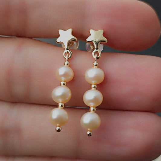 Natural Freshwater Three Pink Pearls Earrings Daily Wear Star 14K GF Ear Stud Dangle Earing