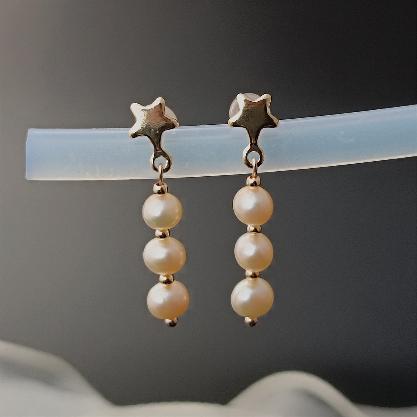 Boucles d'oreilles à trois perles roses d'eau douce naturelles, usage quotidien, étoile 14K GF, clou d'oreille pendant