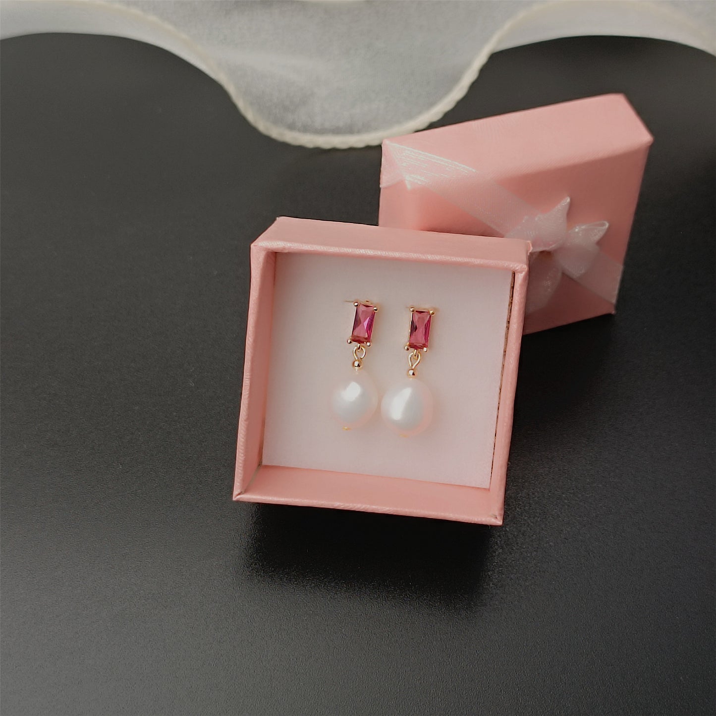 Natural Freshwater Baroque Pearl Earrings Daily Wear 14K GF Rosepink Rectangle CZ Ear Stud Dangle Earing