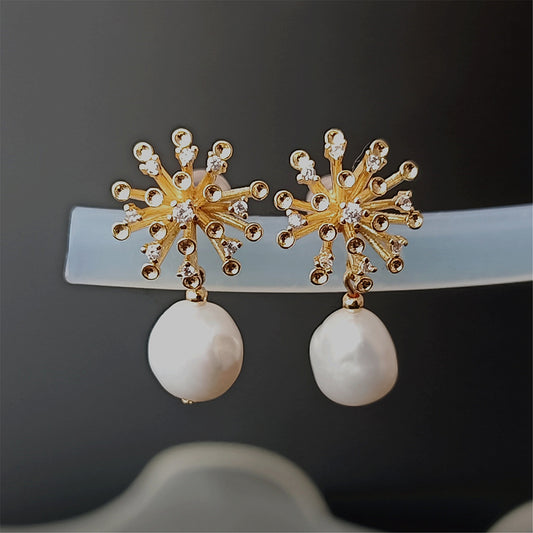 Natural Freshwater Baroque Pearl Earrings Daily Wear 14K GF CZ Floral Ear Stud Dangle Earing