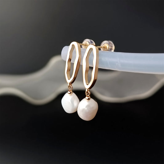 Natural Freshwater Baroque Pearl Earrings Daily Wear Oval Circle 14K GF Ear Stud Dangle Earing