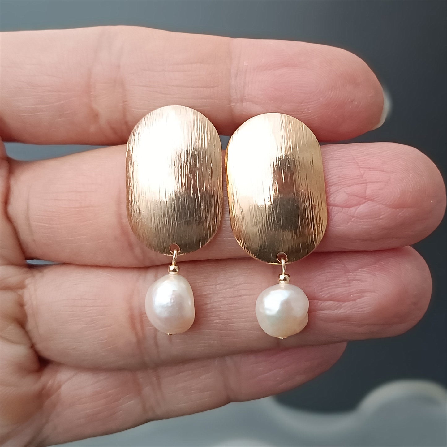 Natural Freshwater Baroque Pearl Earrings Daily Wear Frosted Oval 14K GF Ear Stud Dangle Earing