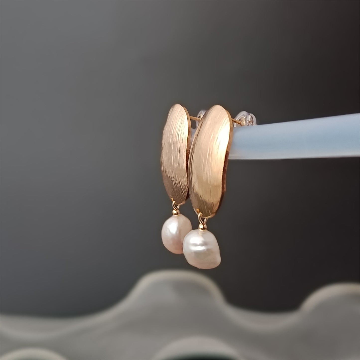 Natural Freshwater Baroque Pearl Earrings Daily Wear Frosted Oval 14K GF Ear Stud Dangle Earing