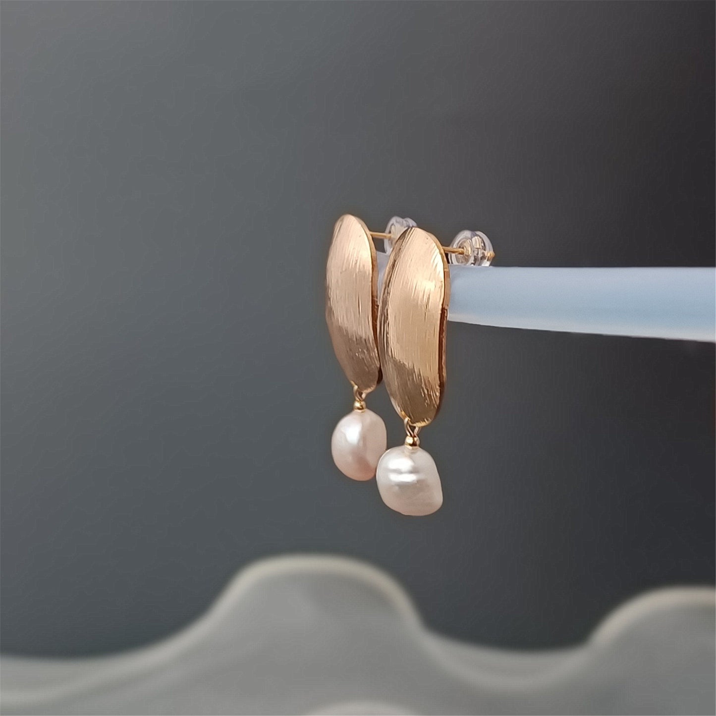 Natural Freshwater Baroque Pearl Earrings Daily Wear Frosted Oval 14K GF Ear Stud Dangle Earing