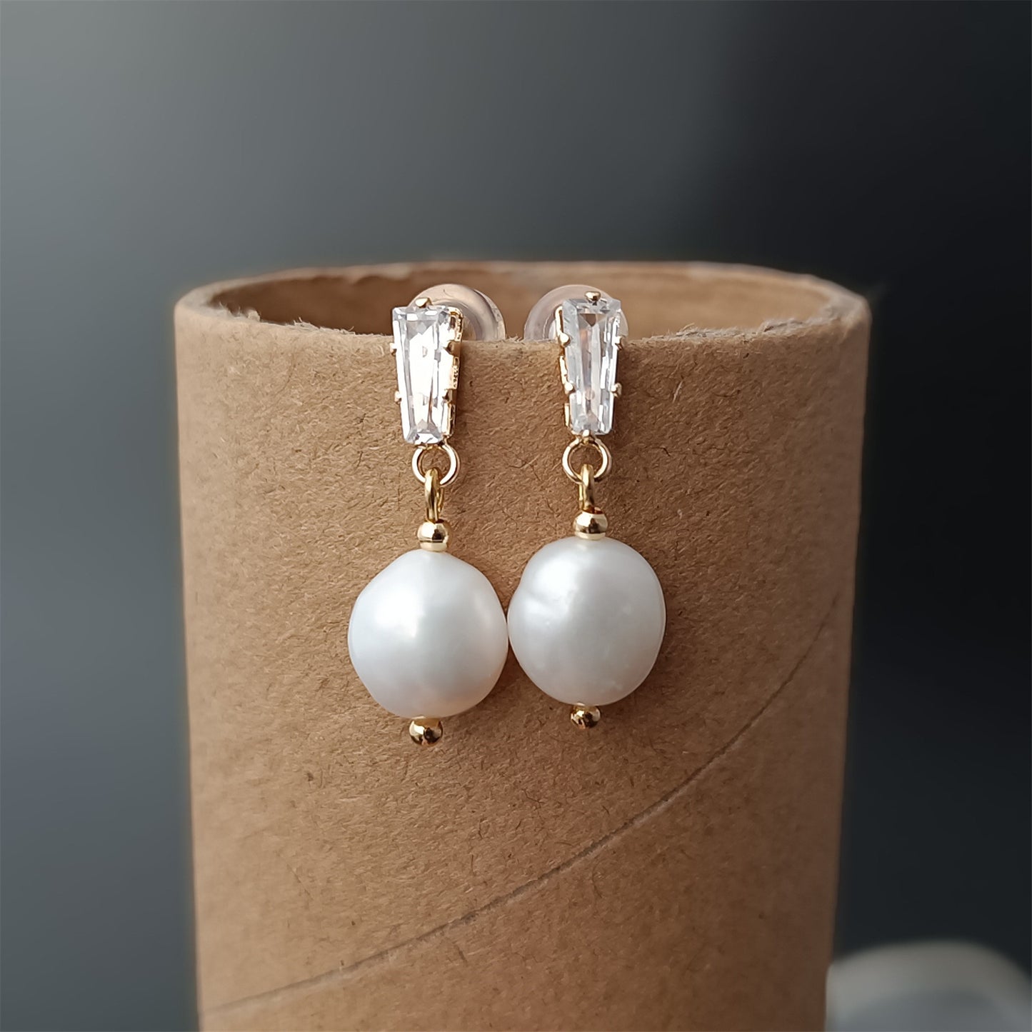 Boucles d'oreilles en perles baroques d'eau douce naturelles, usage quotidien, 14K GF trapèze CZ, clou d'oreille pendant