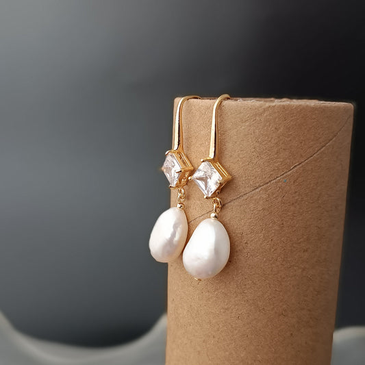 Natural Freshwater Baroque Pearl Hook Earrings Daily Wear 14K GF Diamond CZ Ear Hooks Dangle Earing