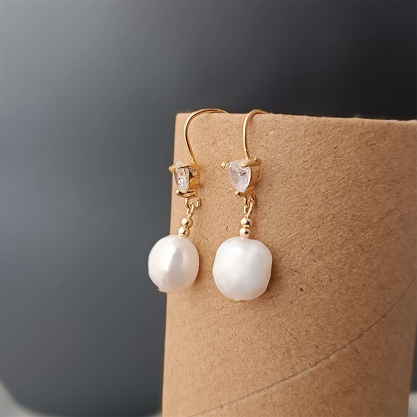 Natural Freshwater Baroque Pearl Hook Earrings Daily Wear 14K GF Heart CZ Ear Hooks Dangle Earing