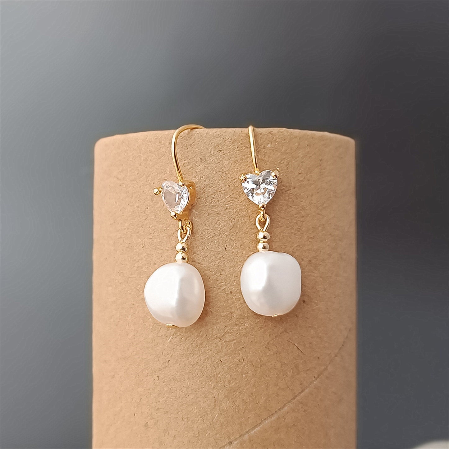 Natural Freshwater Baroque Pearl Hook Earrings Daily Wear 14K GF Heart CZ Ear Hooks Dangle Earing