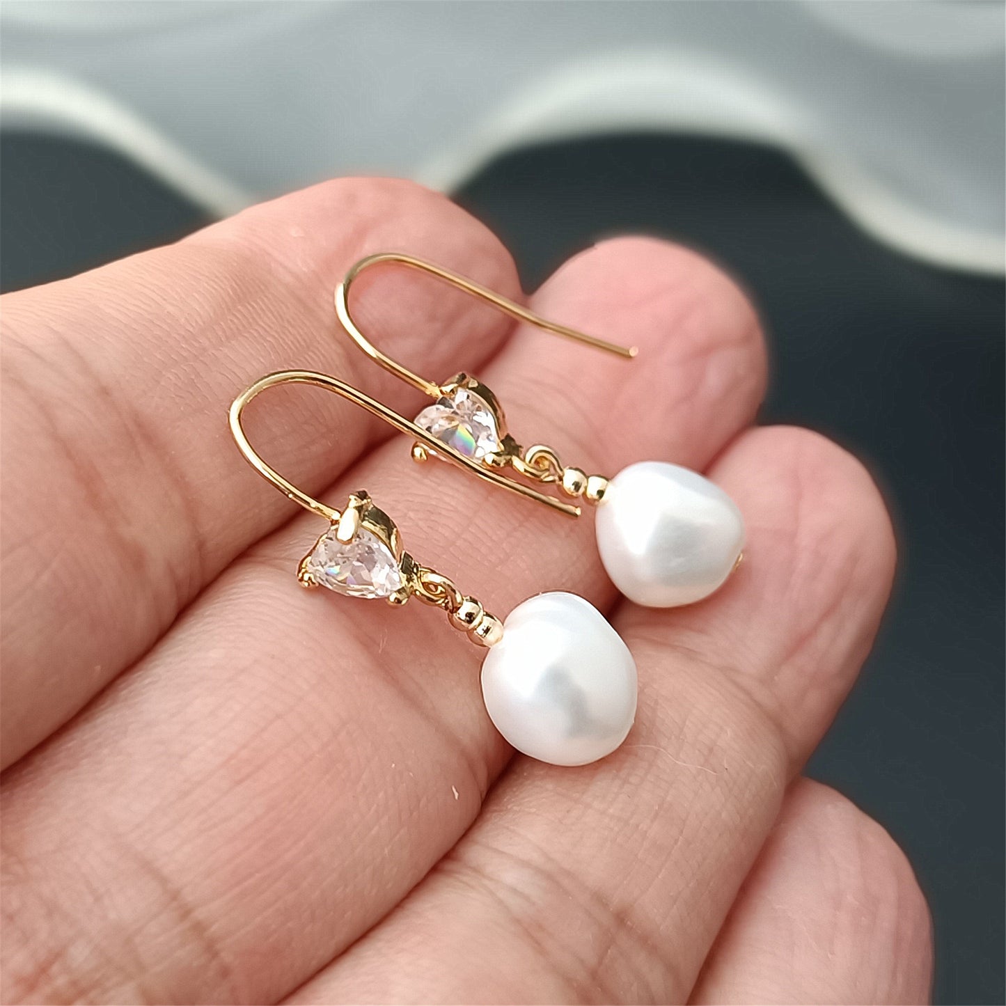 Natural Freshwater Baroque Pearl Hook Earrings Daily Wear 14K GF Heart CZ Ear Hooks Dangle Earing