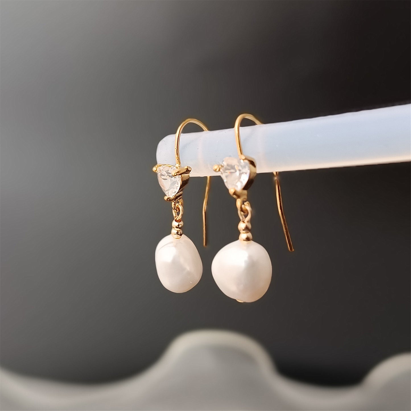 Natural Freshwater Baroque Pearl Hook Earrings Daily Wear 14K GF Heart CZ Ear Hooks Dangle Earing