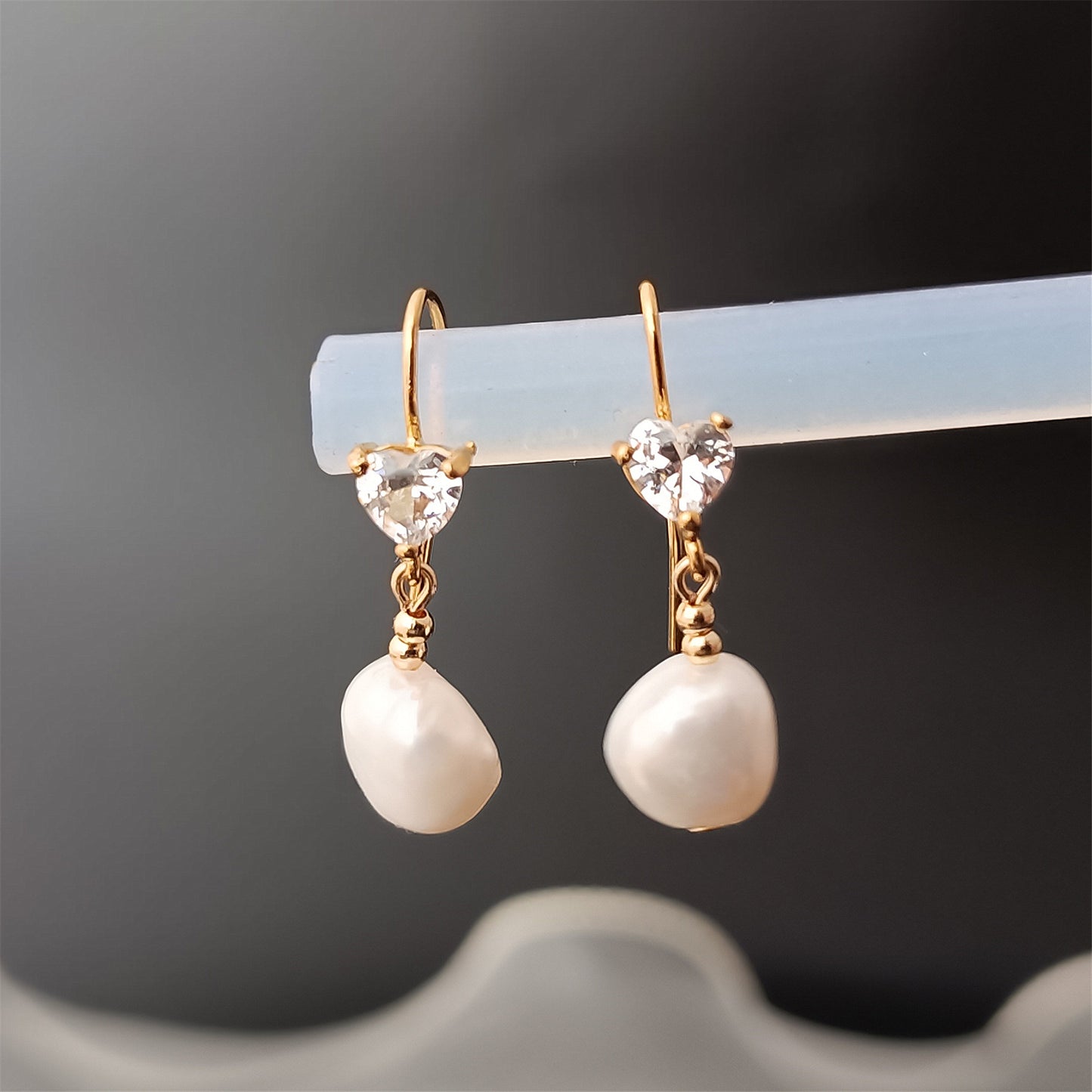 Natural Freshwater Baroque Pearl Hook Earrings Daily Wear 14K GF Heart CZ Ear Hooks Dangle Earing