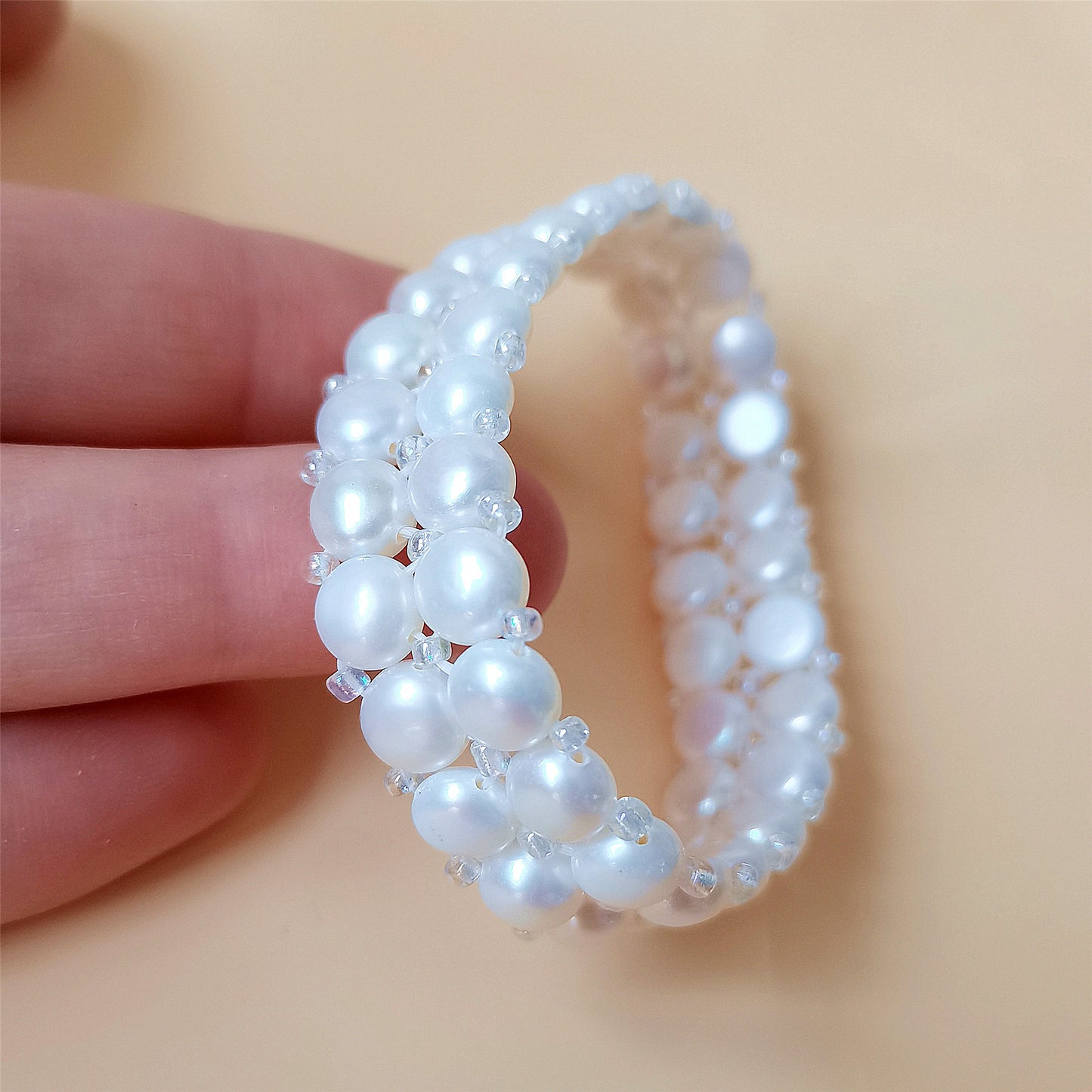 7MM White Freshwter Pearl Two Rows Bracelet 7" Natural Bead Elastic Braid Bangle