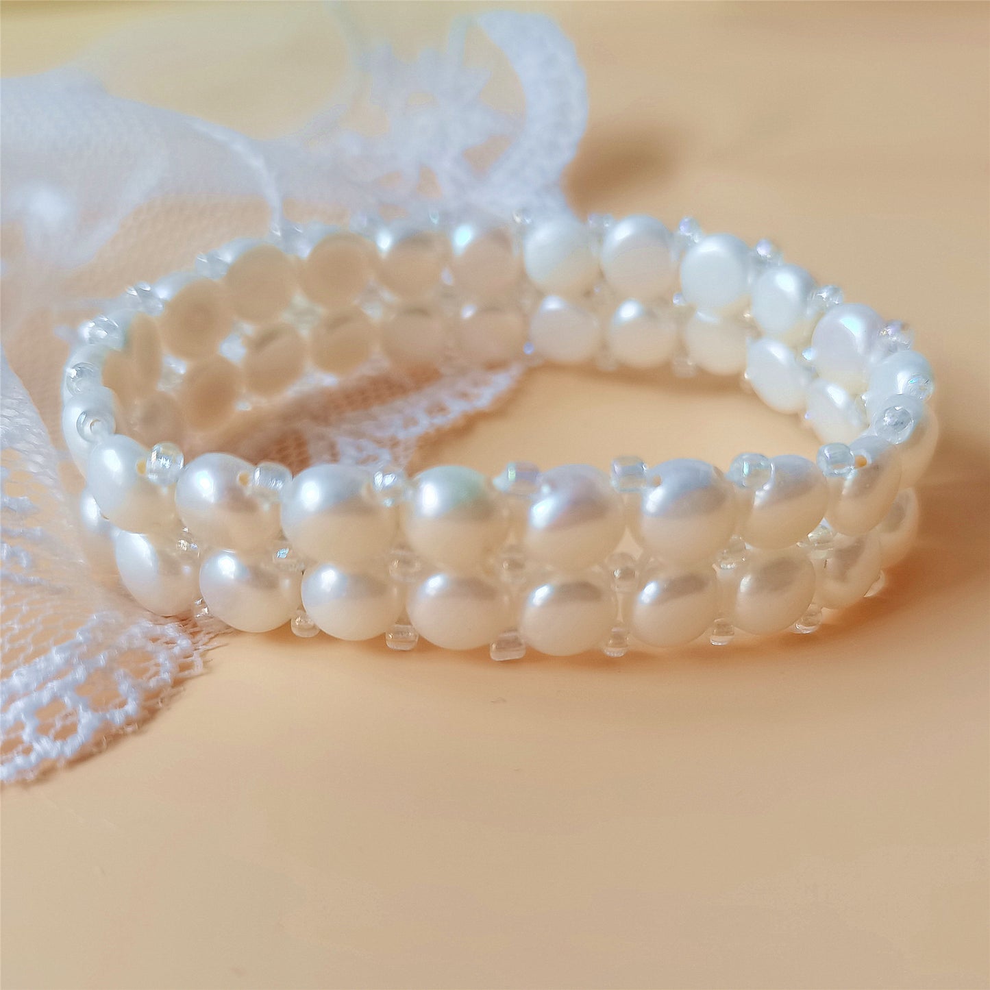 7MM White Freshwter Pearl Two Rows Bracelet 7" Natural Bead Elastic Braid Bangle