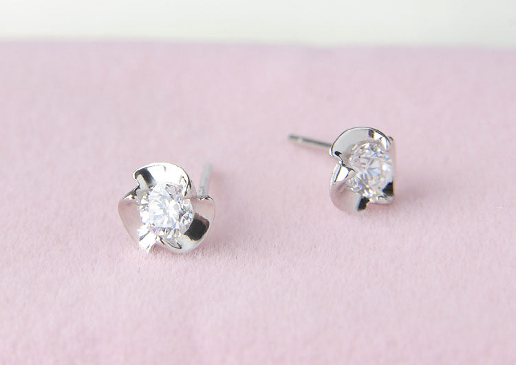 Sterling Silver Rhinestone Embellished Triangle Cherry Floral Waterdrop Wave Crown Stud Earrings S925 Finding