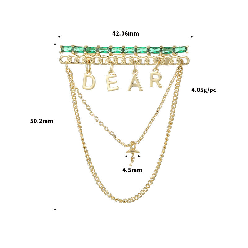 2 Dear Charm-Brosche mit Kabelkette, 14-karätiger GF-Strasssteinverzierung, halbgebohrte Perle, Rohling