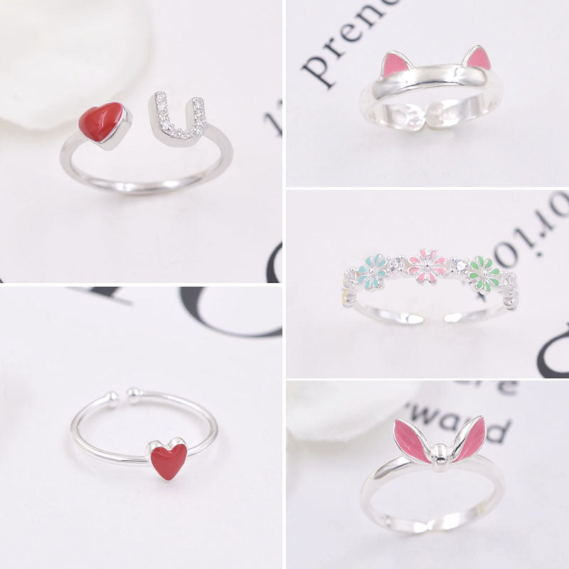 Sterlingsilber-Emaille-Epoxidharz-offener Kreis-Herz-Blumen-Hasenohr-Katze-U-Ring S925-Befund