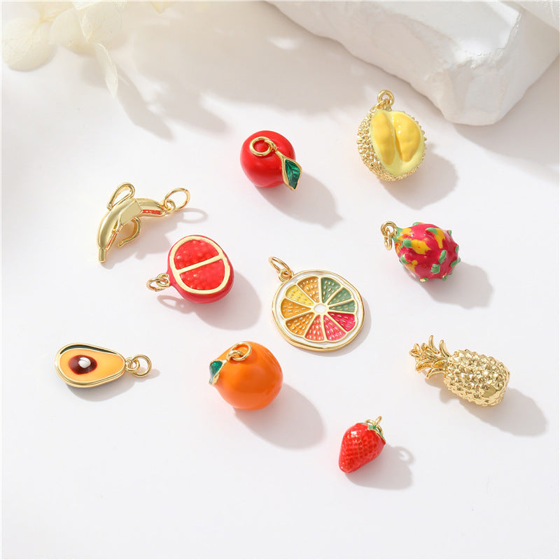 2 Granatapfel Durian Erdbeere Apfel Pitaya Orange Banane Ananas Zitrone Avocado Mango Wassermelone Frucht Charm Anhänger Emaille Epoxy 14K GF