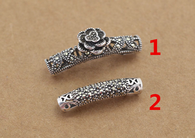 Sterling Silver Rhinestone Bent Floral Pipe Bead Spacer S925 Finding