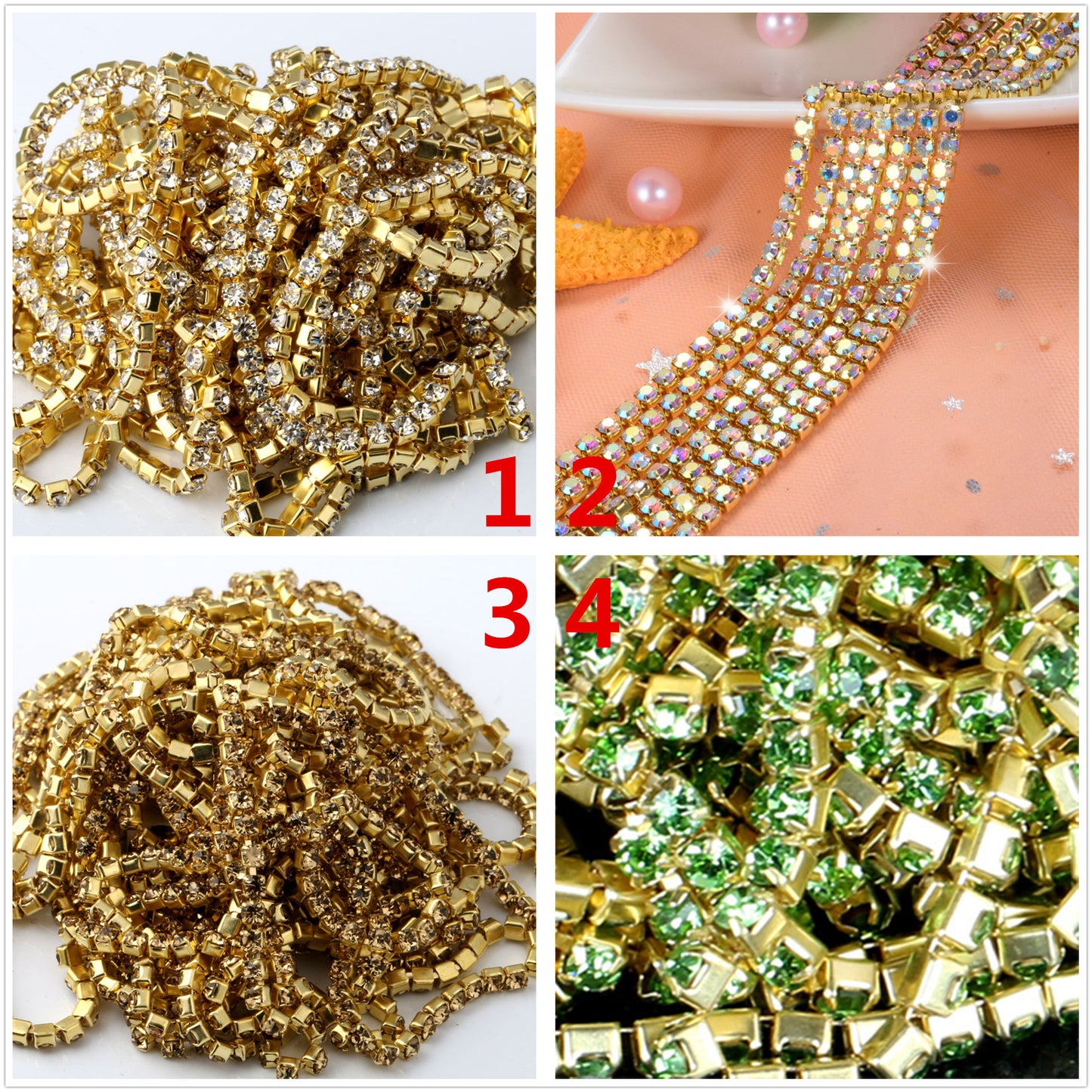 10 yd bunte Strass-Cup-Kette mit Goldbesatz, Metall-Cup-Schließkette, Schmuck, hochwertiger Hochzeitsschleier, 2 mm, 2,5 mm, 2,8 mm, 3 mm