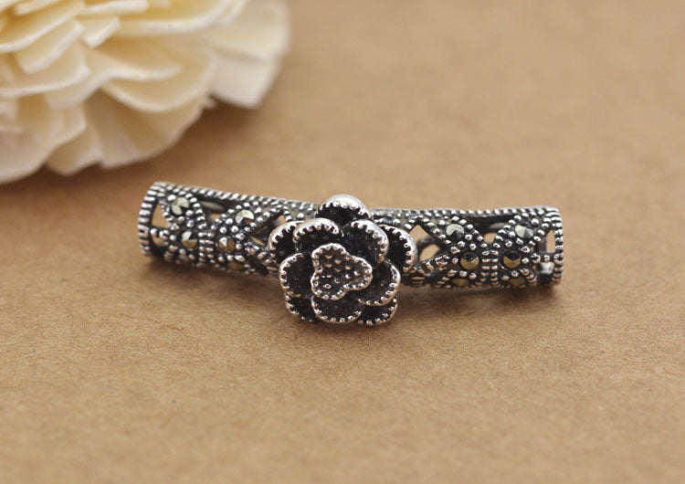 Sterling Silver Rhinestone Bent Floral Pipe Bead Spacer S925 Finding