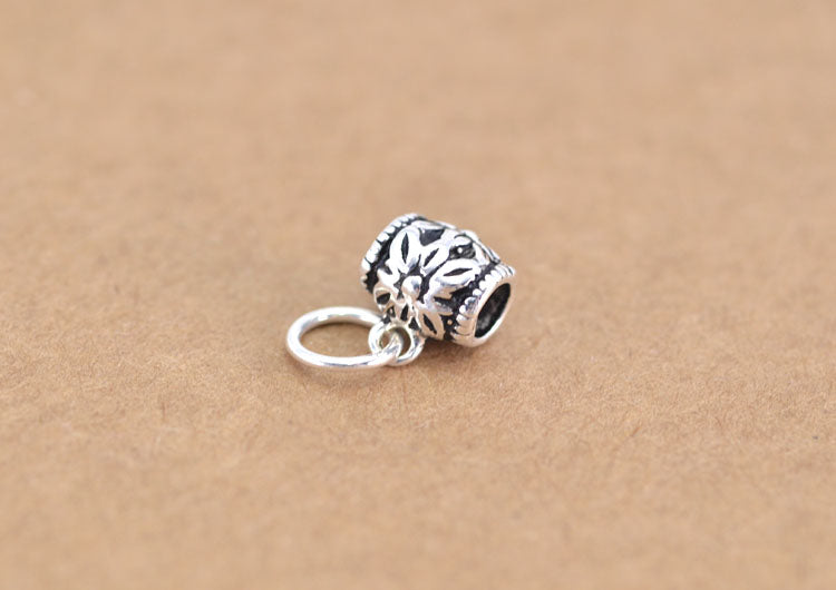 Sterling Silver Tiny Drum Bead Floral Heart Bead Charm Pendant S925 Finding