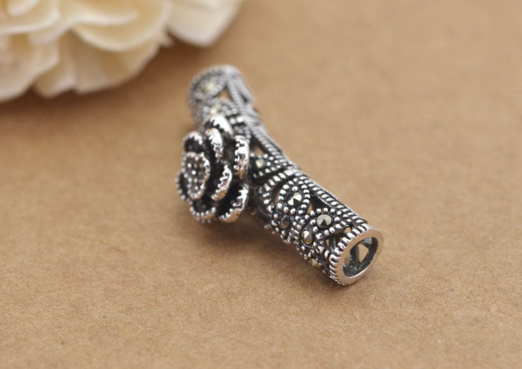 Sterling Silver Rhinestone Bent Floral Pipe Bead Spacer S925 Finding