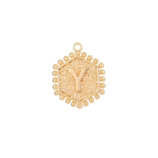 2 Perlenrand-Hexagon-Münzen-Anfangsalphabet AZ-Charm-Anhänger 14K GF