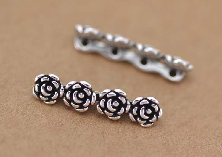 Sterling Silver Three Four Holes Rose Floral Bead Spacer S925 Finding