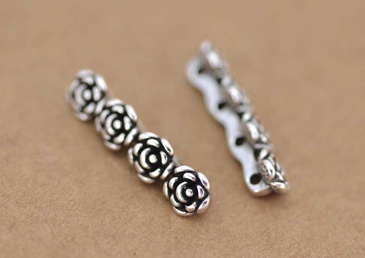 Sterling Silver Three Four Holes Rose Floral Bead Spacer S925 Finding