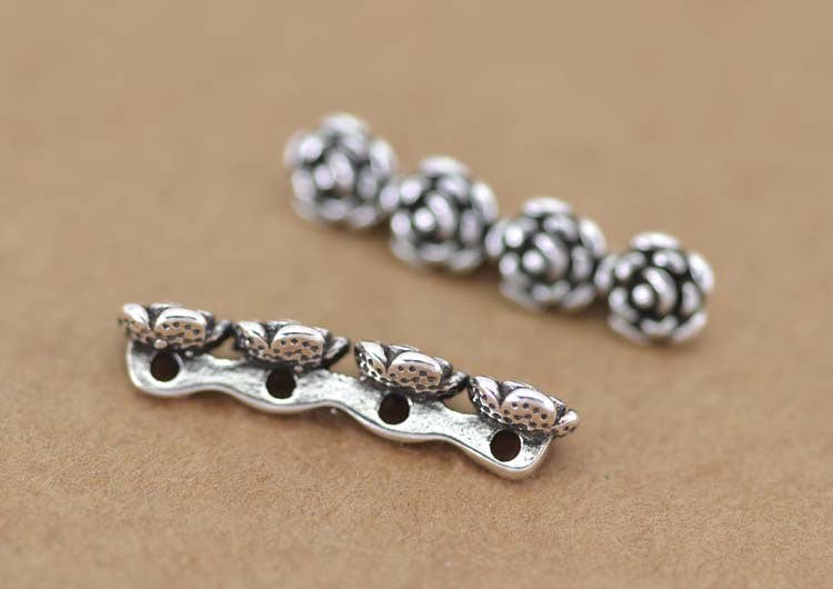 Sterling Silver Three Four Holes Rose Floral Bead Spacer S925 Finding