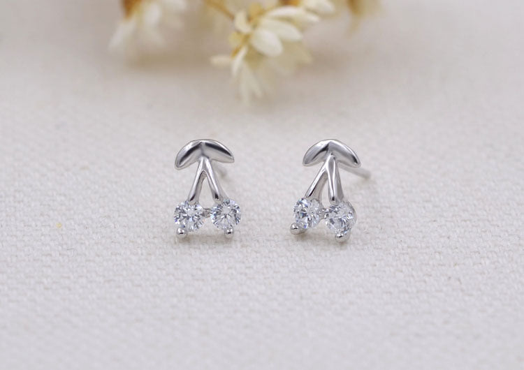 Sterling Silver Rhinestone Embellished Triangle Cherry Floral Waterdrop Wave Crown Stud Earrings S925 Finding