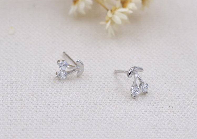 Sterling Silver Rhinestone Embellished Triangle Cherry Floral Waterdrop Wave Crown Stud Earrings S925 Finding