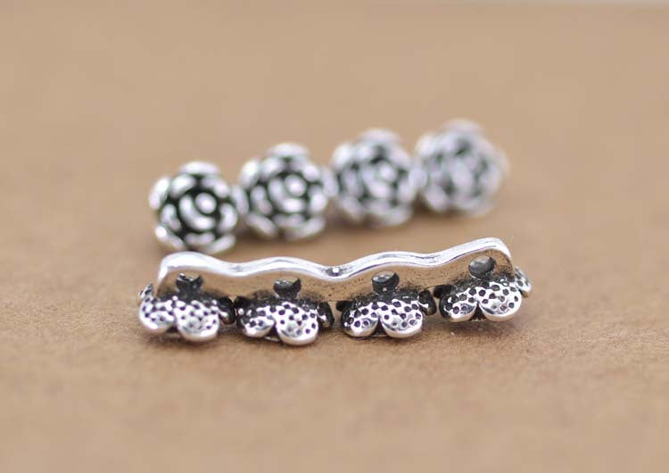 Sterling Silver Three Four Holes Rose Floral Bead Spacer S925 Finding