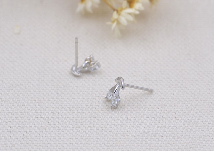 Sterling Silver Rhinestone Embellished Triangle Cherry Floral Waterdrop Wave Crown Stud Earrings S925 Finding