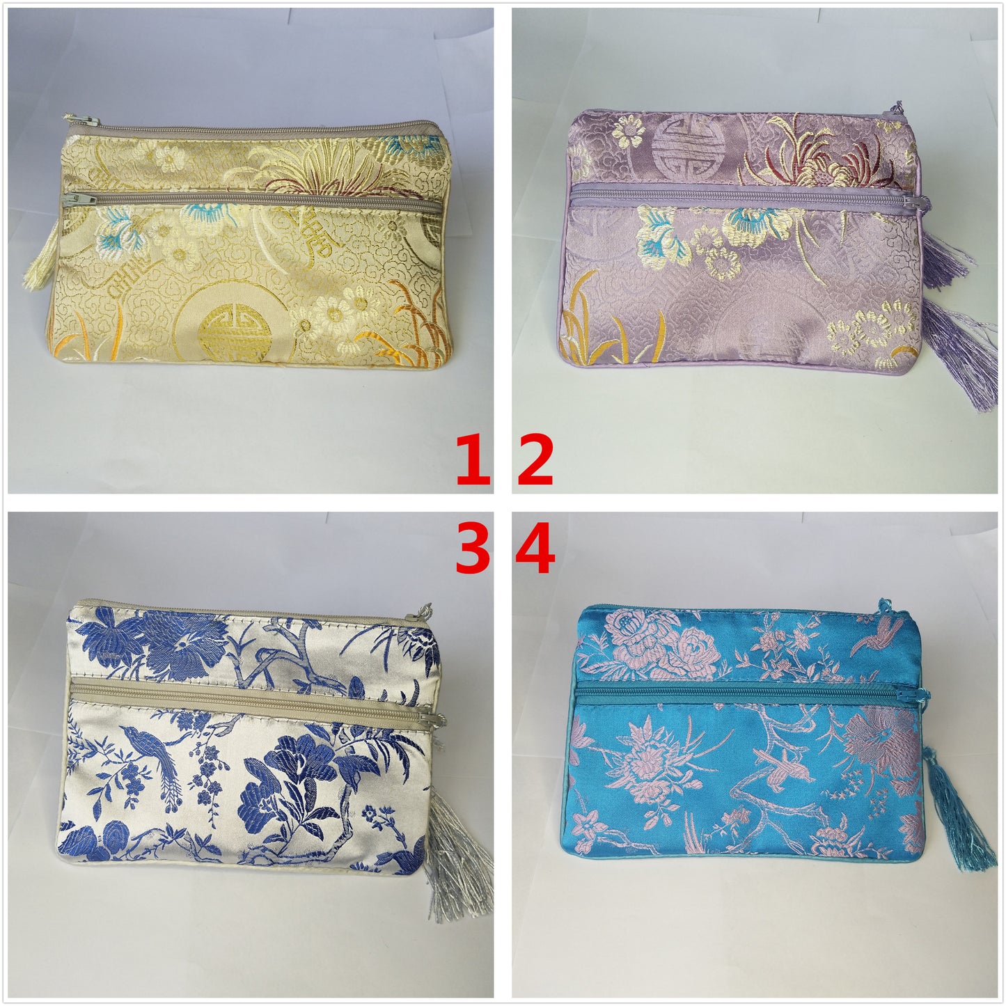 5x6.5 "pochettes en soie chinoises colorées sacs de pièces d'argent de poche avec deux fermetures éclair sac à main lot sacs d'emballage traditionnels pour cadeaux de bijoux