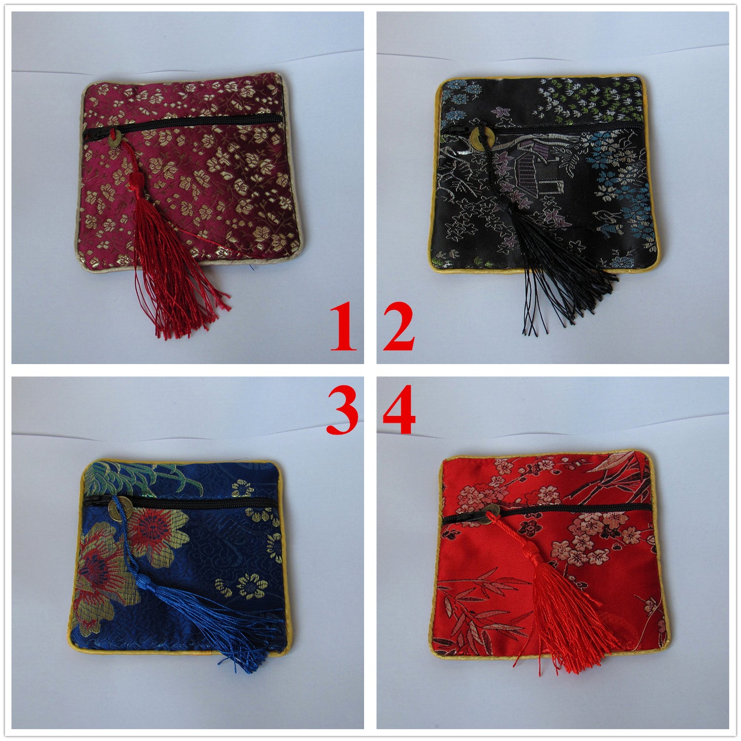 11,4 x 11,4 cm bunte chinesische Seidenbeutel, Taschengeld-Münzenbeutel mit Reißverschluss, viele traditionelle Verpackungsbeutel für Schmuck, Geschenke